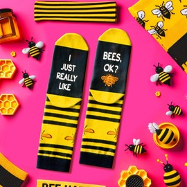 HAPPYPOP Funny Socks for Women - Bee Bumble Socks, Striped Yellow Socks, Bee Keepers Gift Bee Accessories for Women Men