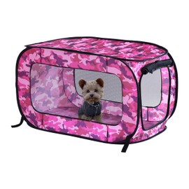 Beatrice Home Fashions Portable, Collapsible, Pop Up Kennel Travel Cat and Dog Crate, 24" L x 16.6" W x 16" H, Camo Pink