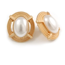 27mm Gold Tone Matt Faux Pearl Bead Button Oval Retro Clip On Earrings