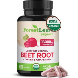 ForestLeaf USDA Organic Beet Root Capsules - Beetroot Supplement 16000 mg Strength 20:1 Extract w/Ginger Grape Seed - Support Blood Pressure, Nitric Oxide, Flow, Circulation - Made in USA - 120 Caps
