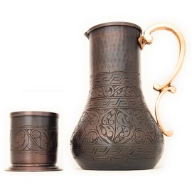 DEDE Copper - KBS Series - 45oz Pitcher & 7.7oz Cup, Handmade Engraved and Hammered Pure Solid Copper, Moscow Mule Cocktail Jug, Desktop/Bedside Night Water Carafe&Tumbler Ayurvedic (Antique)