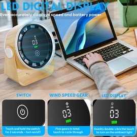 Small Desk Fan Battery Powered - Log Color Low Noise Portable Gentle Blowing without Headaches Office Bedroom Sleep Living Room Table Top Wall Hanging Kitchen Travel Camping 5-Speed 360 Rotation