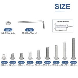DTGN 322Pcs M2.5 Button Head Hex Socket Cap Screw - 3-20mm Bolt Nut Wrench Assortment Kit 304 Stainless Steel - Good for Machine, Furniture
