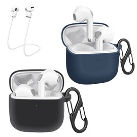 [2-Pack] easyBee Hülle Kompatibel mit SoundPEATS Air3 Pro, mit 2 Karabiner 2 Anti-Verlust-Gurte, Flüssiges Silikon Case Ultradünn Stoßfest Schutzhülle Bluetooth Kopfhörer Tasche - Schwarz und Blau