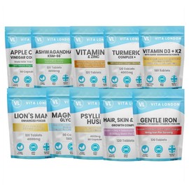 Vita London Ultimate 10 Wellness Bundle – Ashwagandha, Magnesium Glycinate, Lion's Mane, Vitamin C, D3, Biotin, Turmeric, Iron, Psyllium Husk & ACV – 10-Pack Capsules & Tablets – Made in UK
