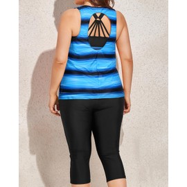 Yonique 3 Piece Plus Size Swimsuits for Women Tankini Tops with Sports Bra and Swim Capris Athletic Bathing Suits Blue and Black Gradient 18 Plus