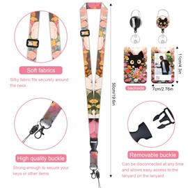 Yistoi ID Card Holder with Strap, Retractable Key Fob Badge Holder, Removable Lanyard with ID Card Holder Set for Teachers, Doctors and Students, (Flower and Black Cat)