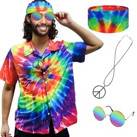 XonyiCos Hippie Costume for Men Women 60s and 70s Colorful Tie-Dyed Shirt Sunglasses Headband Peace Necklace 4-Piece Theme Party (Tie-dye 4 Piece Set, 4X-Large)