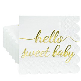 100 Pcs Hello Sweet Baby Scalloped Baby Shower Napkins Decorations Paper White and Gold Foil Napkins Disposable Luncheon Cocktail Napkins Folded for Girls Boys Baby Shower Party Decor