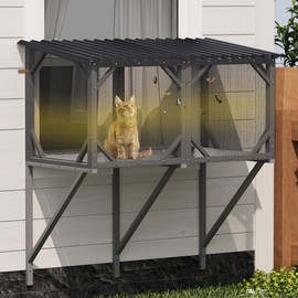YOPTO 44.5" Cat Window Box,Catio Outdoor Enclosure W/Removable Mosquito Net & Waterproof Roof,All Weather Use Cat Window Perch W/ 3-Sided Windows,for Sunbathing,Napping,Viewing,Antique Gray