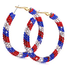 NLCAC USA Hoop Earrings Red White Blue Patriotic Resin Rhinestone Wrapped Hoop Dangle Earrings for Women(USA Round)