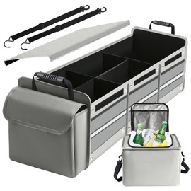 Snuopfy Car Trunk Organizer,115L Heavy Duty Collapsible Trunk Storage, with Insulated Leakproof Cooler Bag Vehicle Cargo Organizer with Lid, 3 Compartments, Straps For Car,Suv,Jeep,Sedan-Grey
