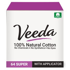 Veeda 100% Natural Cotton Tampons - Super Absorbency with Leak Proof Protection - Compact BPA-Free Applicator - Unscented & Free from Chlorine, Toxin - 64 Count