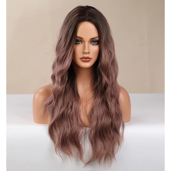 Lemeiz LEMEIZ-118 Dusky Auburn Wigs with Brown Roots, Ombre, Soft, Dark Auburn Wigs, Loose, Curly Brownish Wigs, Middle Part Wig for Women, Brunette Wig with a Hint of Lilac