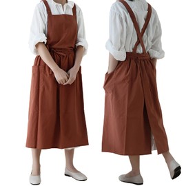 VLZUFE Women Cotton Linen Cross Back Apron with Pockets for Gardening Works Pinafore Dress