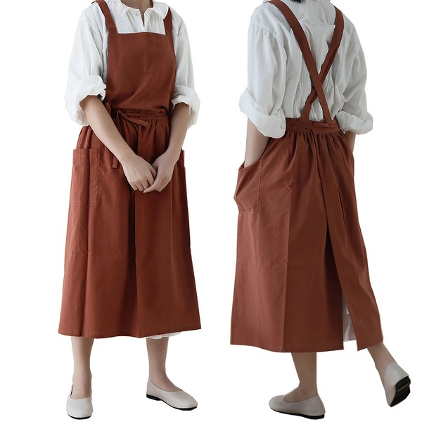 VLZUFE Women Cotton Linen Cross Back Apron with Pockets for