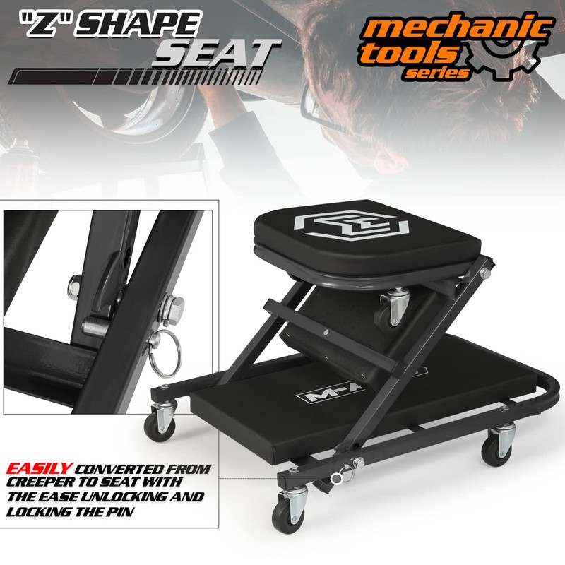 M-AUTO 40-Inch Folding Creeper Rolling Seat, All-in-One Adjustable Roller Garage