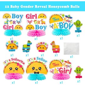 Haooryx 12Pcs Taco Bout a Baby Gender Reveal Honeycomb Centerpiece, Mexican Cinco De Mayo Theme Fiesta Party Table Topper Decoration for Boy or Girl Baby Shower He or She Gender Reveal Party Supplies