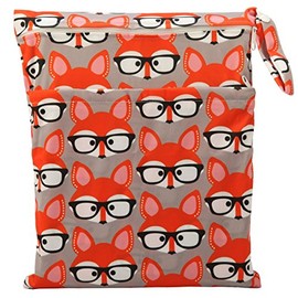 Sigzagor Medium Wet Dry Bag Baby Cloth Diaper Nappy Insert Bag Reusable Washable with Two Zippered Pockets (Glasses Fox)