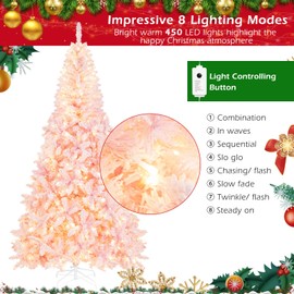 DORTALA Pre-lit Christmas Tree, 7.5FT Snow Flocked Artificial Xmas Tree with 1100 Branch Tips, 450 Warm LED Lights, 8 Lighting Modes, Pink