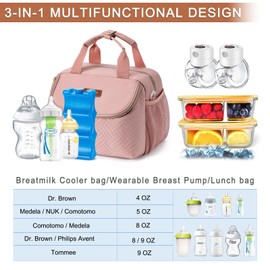 BABEYER Wearable Breast Pump Bag with Ice Pack, Fits 6 Up to 9 Oz Baby Bottle, Baby Bottle Cooler Bag Come with Waterproof Mat, Adjustable Shoulder Strap for Nursing Moms, Pink