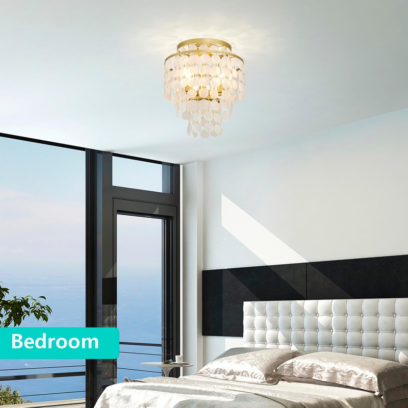GlowEasely Modern Capiz Shell Chandelier Ceiling Light, Costal Design Close