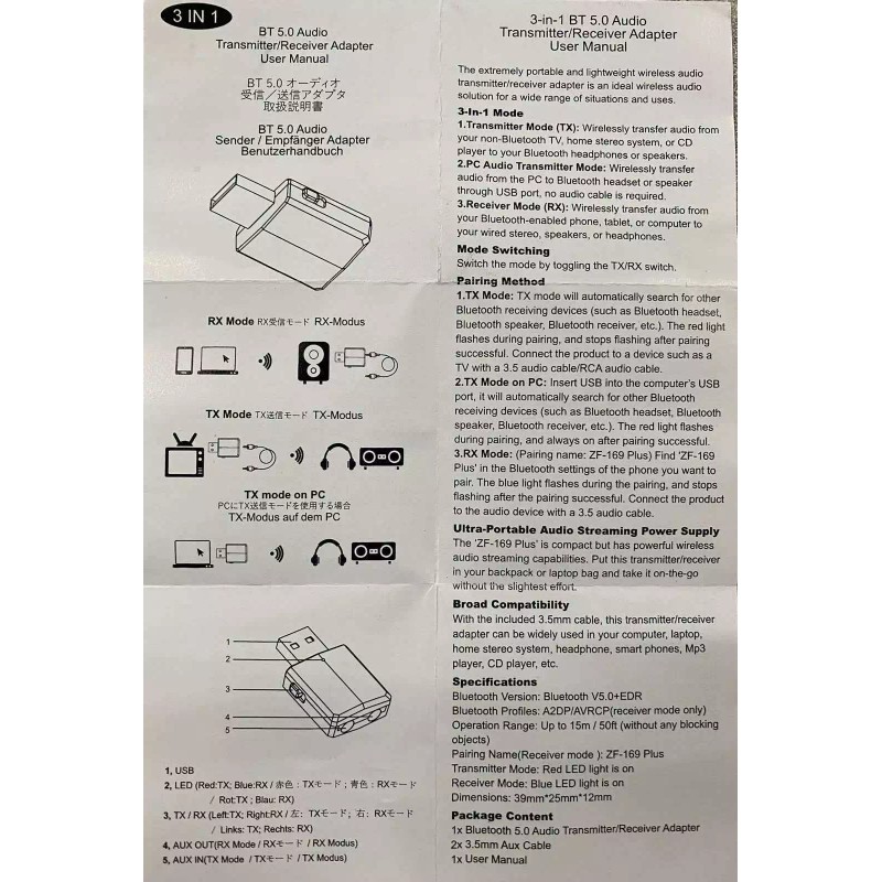 Unbranded 3 in 1 USB Bluetooth 5.0 Audio Transmitter/Re