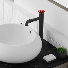 Swiss Madison Well Made Forever Avallon Single Hole, Single-Handle Wheel, High Arc Bathroom Faucet in Matte Black with Red Handles