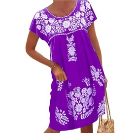 Melliflo Mexican Dress for Women Short Sleeve Floral Embroidered Fiesta Dress Loose Linen Peasant Dresses(PU, XL) Purple