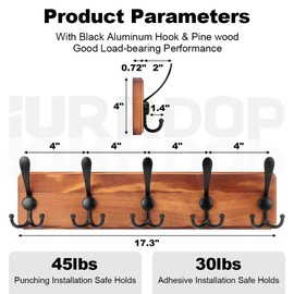 IURRDOP Coat Rack Wall Mount, Coat Hooks Wall Mounted and Hanger for Heavy Duty Hanging of Coats, Jackets, Hats, Coat Rack with 5 Black Aluminum Triple-Hooks, Pine Real Wooden Coat Rack for Home