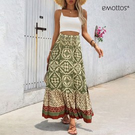 EMOTTOS Skirt Women's Summer Boho Skirt Long High Waist Elastic Swing Skirt A Line Flower Enprint Summer Elegant Beach Dress Women's Long Maxi Skirt Women's Long Green S-XL, Green