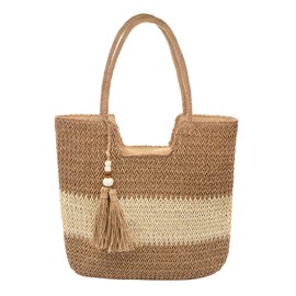 Long Keeper Women Beach Bag Large Weave Tote Bags Straw Zipped Shoulder Bag Boho Casual Summer Beach Bag Straw Bags for Travel Vacation Shopping Picnic (Khaki with Tassel)