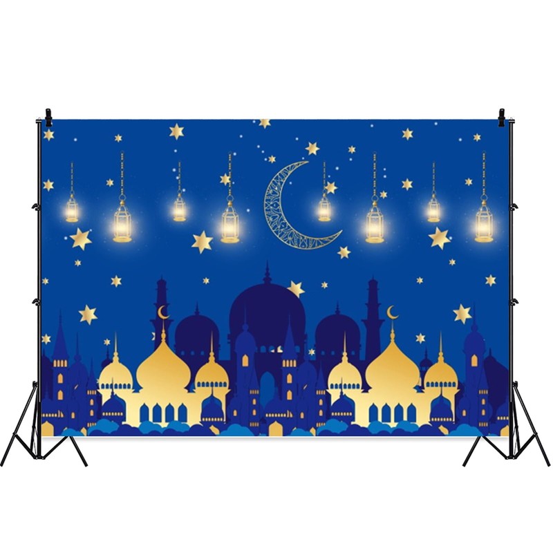 ZJRBJB Eid Mubarak Backdrop Muslim Arabian Night Photography Backdrops Blue