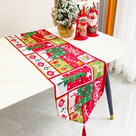 Elk Bell Tree Runner with Tassels, Cotton Merry Christmas Table Runner, Red Seasonal Winter Xmas Holiday Kitchen Dining Table Decoration for Indoor Outdoor Home Party Christmas Decor, 12.6" x74.8"