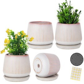 BABALIU 3.5 Inch Ceramic Succulent Planter Pots with Drainage Hole and Saucers, Small Glazed Ceramic Plant Pots for Indoor Flowers, Herbs, Cactus, Outdoor Plants, Pink, Set of 4 (Plants Not Included)