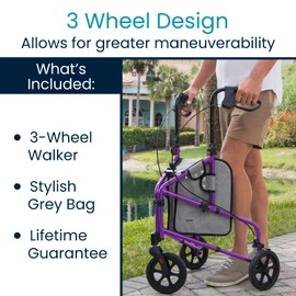 Vive Mobility 3 Wheel Walker - Three Wheeled Rollator for Seniors - Lightweight, Foldable, Narrow, Heavy Duty - for Elderly Men Women - Folding 3-Wheel Tri Scooter with Basket Bag (FSA HSA Approved)