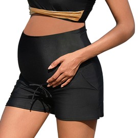 Bhome Maternity High Waisted Swim Shorts with Pockets and Side Slits Women Beach Swimsuit Bottoms Built-in Brief Pregnancy Swimwear,M Black