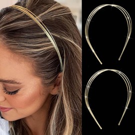 STGDAK Gold Headband Multi Layered Metal Headbands For Women Fashion Head Bands Row Wire Hairband Elegant Headpiece Cute Hair Accessories For Women Wedding 2 Pack