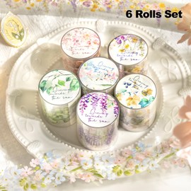 AuriicLeaf Floral PET Tape Set, 6 Rolls Transparent Botanical Tapes for Scrapbooking, Junk Journaling, DIY Crafts, and Art Supplies