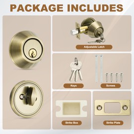 sourcing map Keyed Alike Single Cylinder Deadbolt Door Lock Round Entry Front Door Handle Set for Door Thickness 1.2-2 Inch (Bronze, Pack of 2)