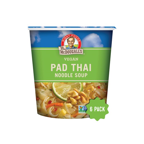 Dr. McDougall's Pad Thai Noodles - Gluten Free and Vegan Ramen Noodles - Instant Ramen Noodle Cups - Vegetarian Ramen Cup - Noodle Bowls - 2 oz. - Pack of 6