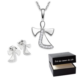 Amoonic Girls' Guardian Angel Jewellery Set 925 Silver Angel Necklace and Stud Earrings with Zirconia Gift Set with Engraving for Communion and Christening, Cubic Zirconia