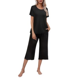 Ekouaer Women's Capri Pajama Sets Plus Size Sleepwear Short Sleeve Top with Capri Pants 2 Piece Sleep Set Solid Black,M