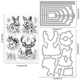 INFUNLY 3pcs Animals Flowers Label Cutting Dies and Clear Stamps Set Reusable Fox Squirrel Silicone Stamps Frame Die Cut Elk Rubber Stamp and Die for Card Making Scrapbooking Embossing Album DIY Craft