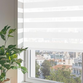 ChrisDowa Cordless Zebra Blinds for Windows, Dual Layer Free-Stop Light Filtering Window Roller Shades, Pull Down Privacy Zebra Shades for Home, Office, Bedroom, Door (35" W x 72" H, White)