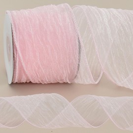 RIBBOOO 2.5 Inch Wired Ribbons Baby Pink Organza Sheer Wired Ribbon Crinkle Sheer Ribbons for Christmas Tree Decoration Gift Wrapping Wreath Crafts Bows Flower Bouquet Wrap Home Decor (10 Yards)