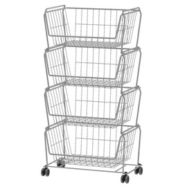 PUSDON Stackable Metal Storage Carts, Dual Use Shelf for Kitchen Fruit Vegetable Baskets with Wheels, Storage Rack for Living Room, Home & Office, Standard Silver Grey 4 Tiers