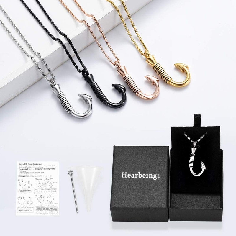 Hearbeingt Fish Hook Cremation Jewelry for Ashes, Memorial Urn Necklace