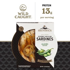 Brunswick Wild Caught Gourmet Brisling Sardines in Extra Virgin Olive Oil Topped with Jalapeño Slices, 4.23 oz Can - Wild Caught Sardines - 13g Protein per Serving - Gluten Free, Keto Friendly