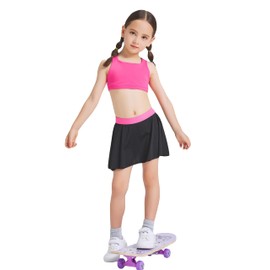 Girls Athletic Skorts 2 in 1 Flowy Shorts Tennis Skirt with Pockets for Dance Golf Running 4-11Y(Rose red-Waist,8-9Y)